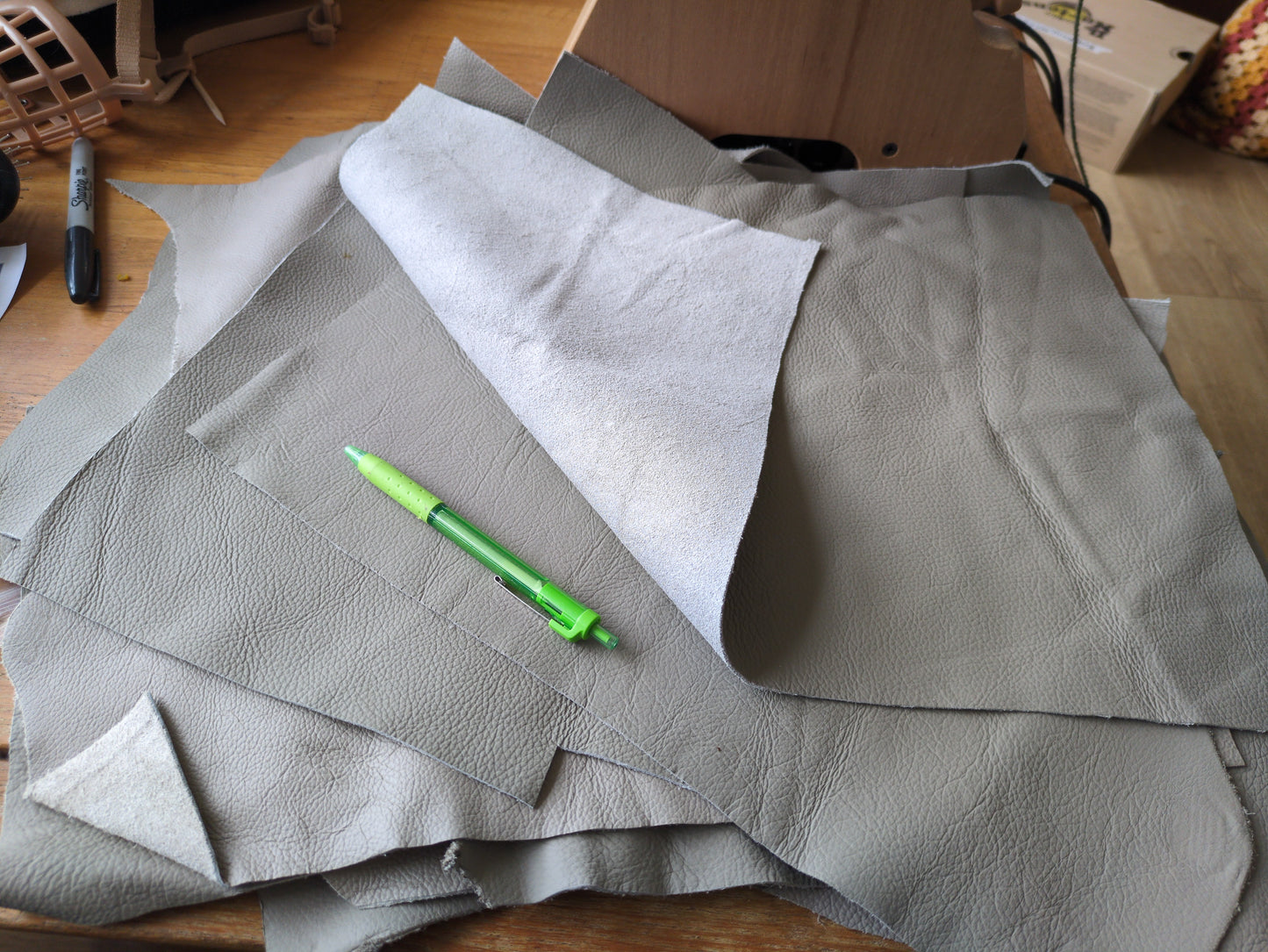 Studio destash, 11 larger pieces of soft grey leather just over 1mm thick