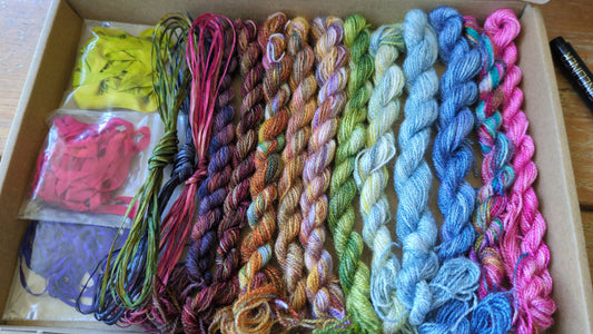 Assorted skeins of hand dyed silk threads, silk ribbons and raffia- a great mix of colours  - Box05