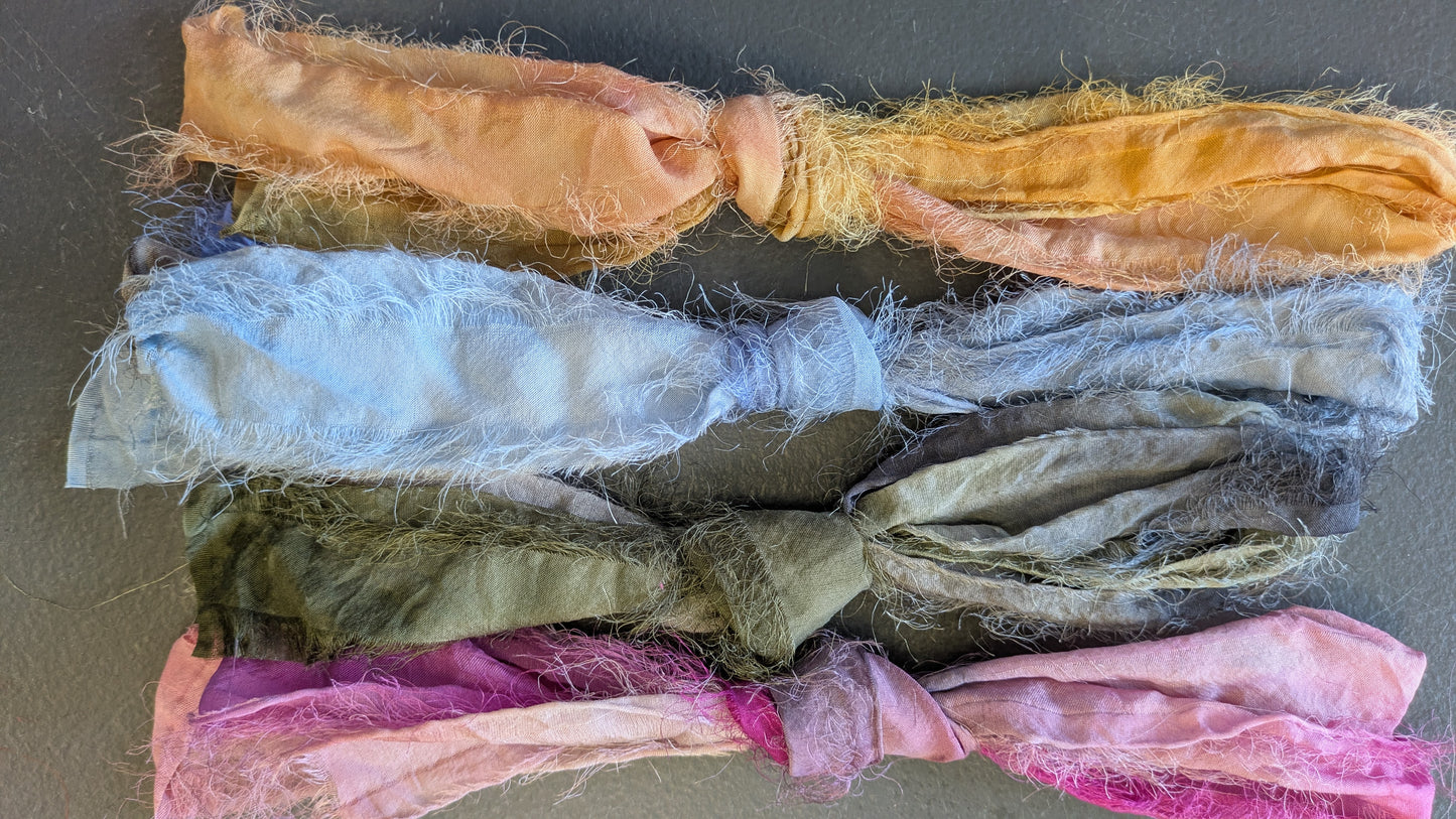 Hand dyed hairy silk ribbons , mixed media textiles HR01