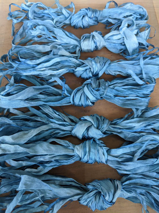 3 assorted width x 2m hand dyed silk embroidery ribbons - Indigo silk ribbons